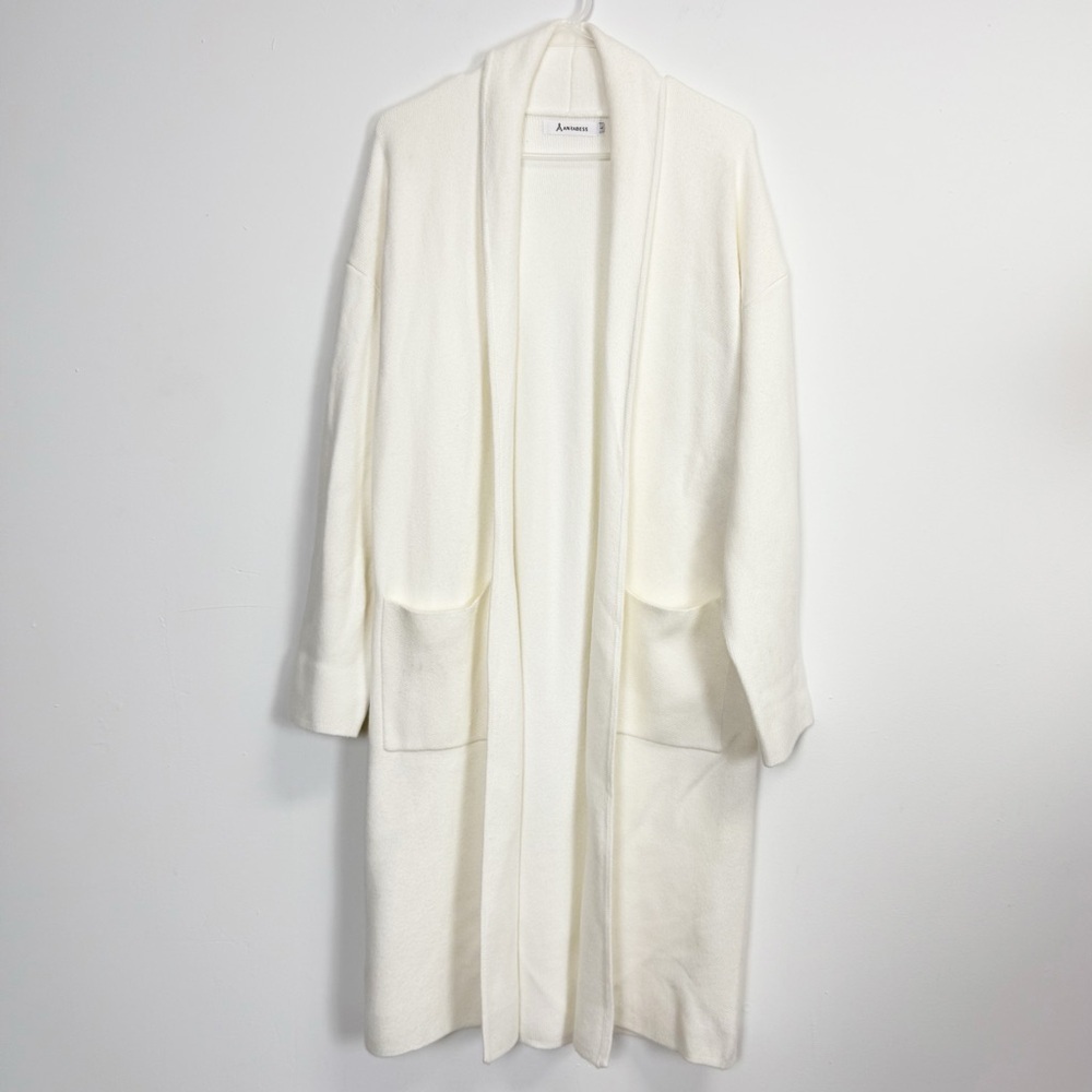 Anrabess Long Cardigan Womens Large Ivory Open Front Knit Long Sleeve Pockets